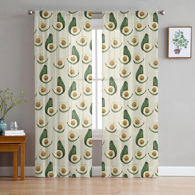 Avocado Green Cute Fruits Cartoon Tulle Curtains For Living Room Bedroom Decor Transparent Chiffon Sheer Voile Window Curtain