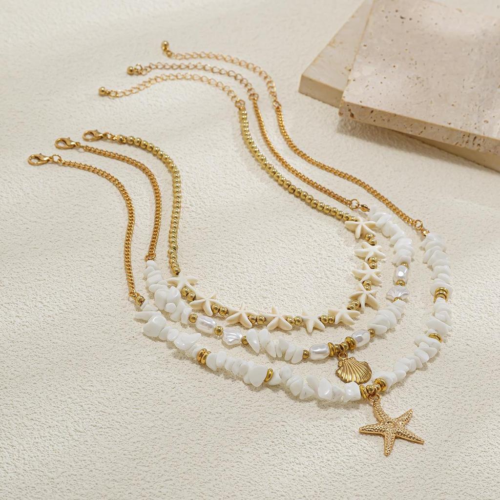 Holiday Style Shell Beaded Multi-Layer Starfish Necklace with Imitation Pearls