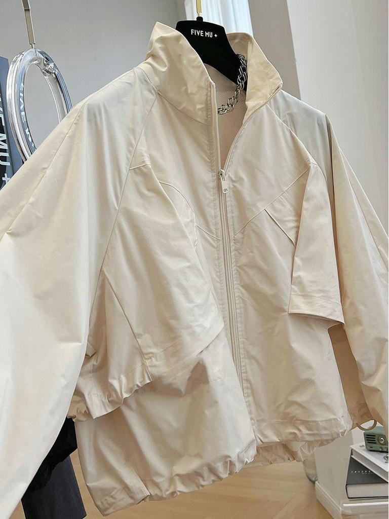 Women's Petite Solid Color Trench Coat - 2025 Spring/Autumn Korean Style, Stand Collar, Loose Fit
