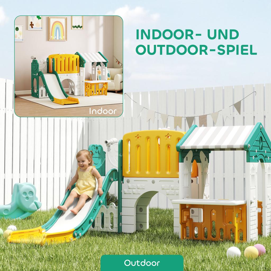 7-in-1 Kids Slide, Indoor Playground, Climbing Frame, House, Board, Basketball Hoop, 1-4 Years, Plastic, Yellow+Green