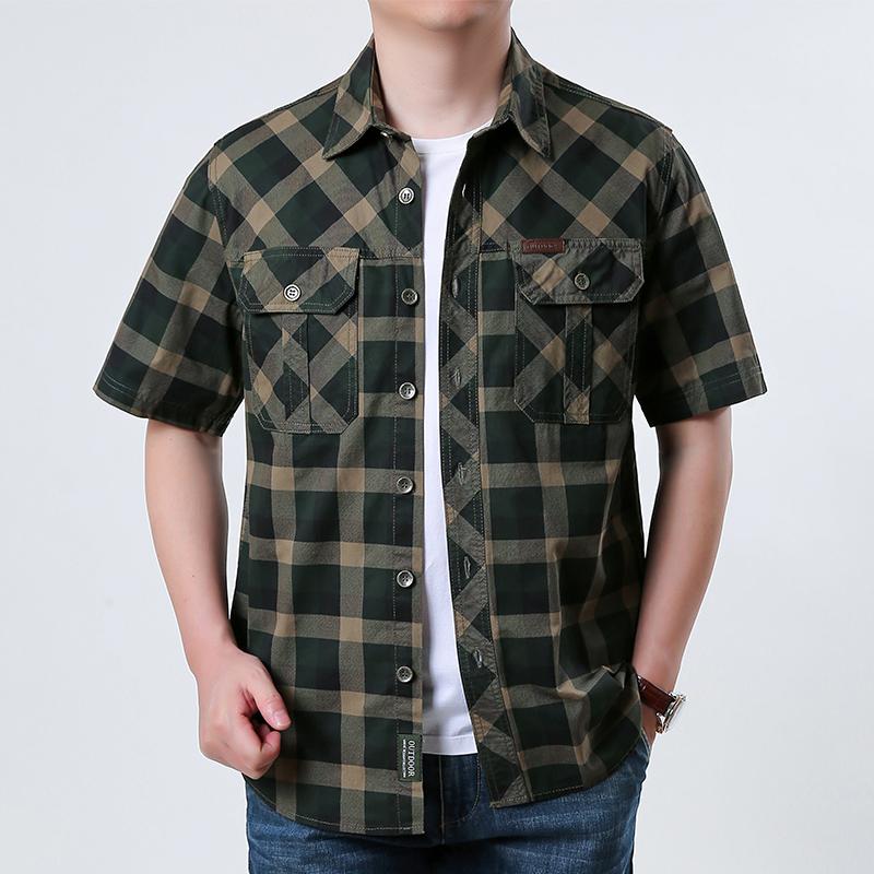 

Men s Summer Checkered Short Sleeved Shirt Workwear Multiple Bag Casual Loose Shirt M армія зелений колір