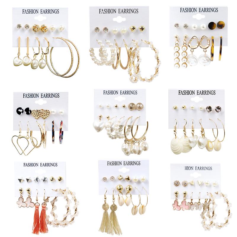 2024 European & American Fashion: Exaggerated Pearl & Crystal Butterfly Stud Earrings - 6 Pairs Set for Women