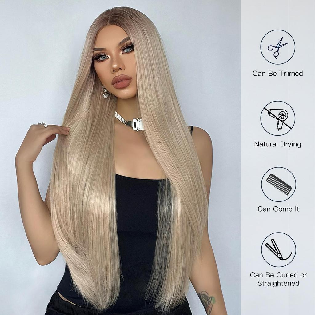 ALAN EATON Superlange Lace-Front-Perücke, gerade, blonde Perücken mit dunklem Ansatz, für Damen, Alltag, Party, Cosplay, Hochzeit, hohe Dichte