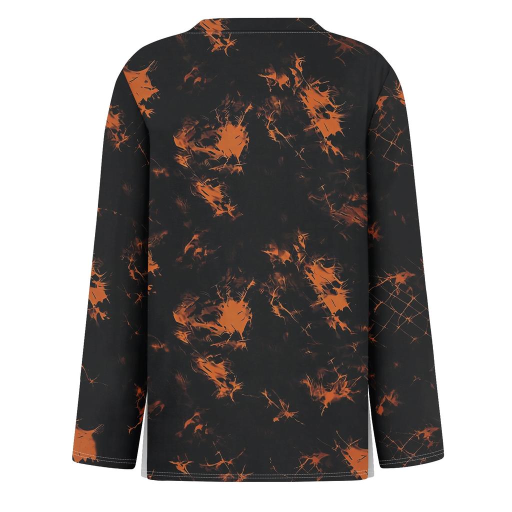 Women's Fashion Long Sleeve Top with Halloween Print and Side Slits, Round Neck