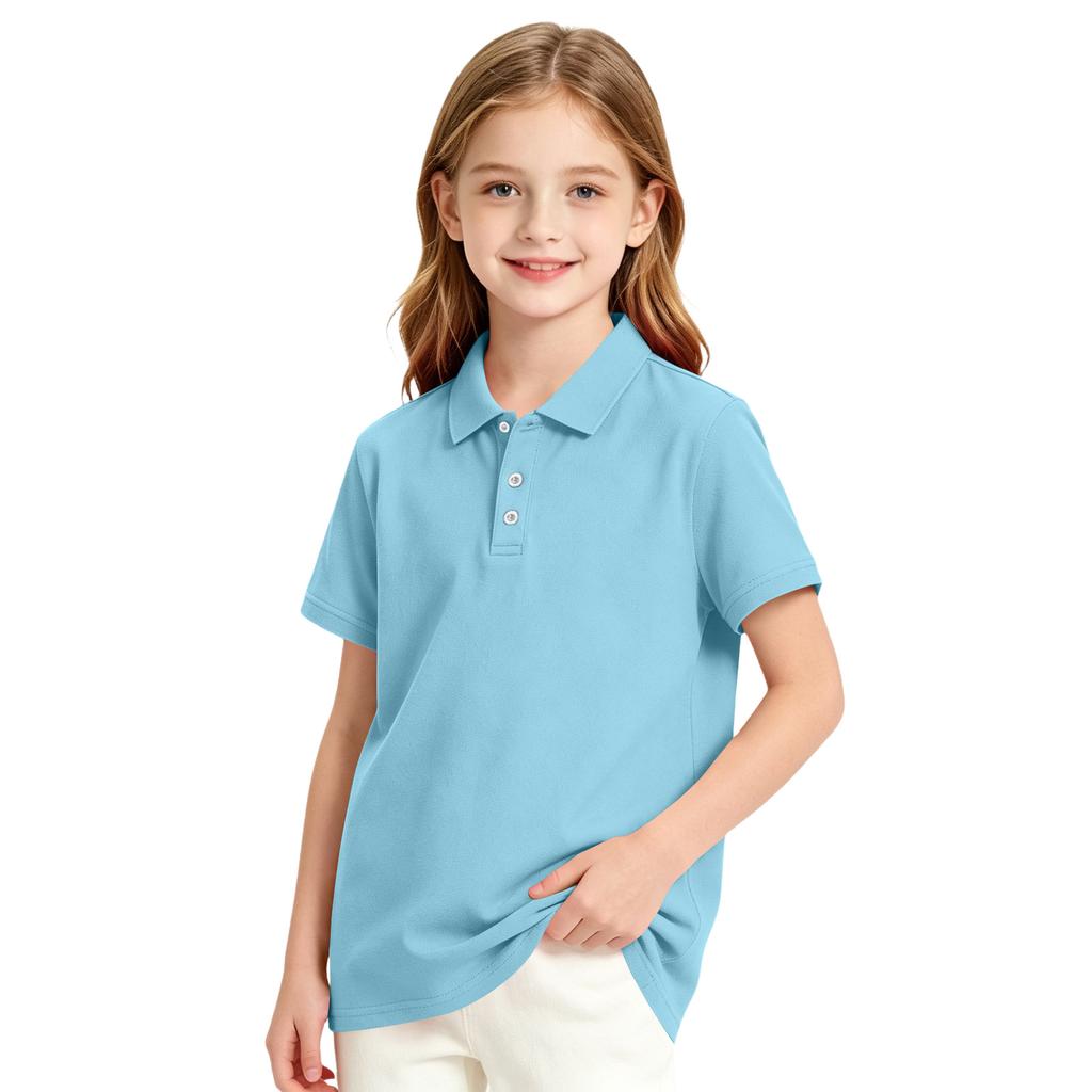 Girls' Short Sleeve School Uniform T-Shirt with Three Button Placket