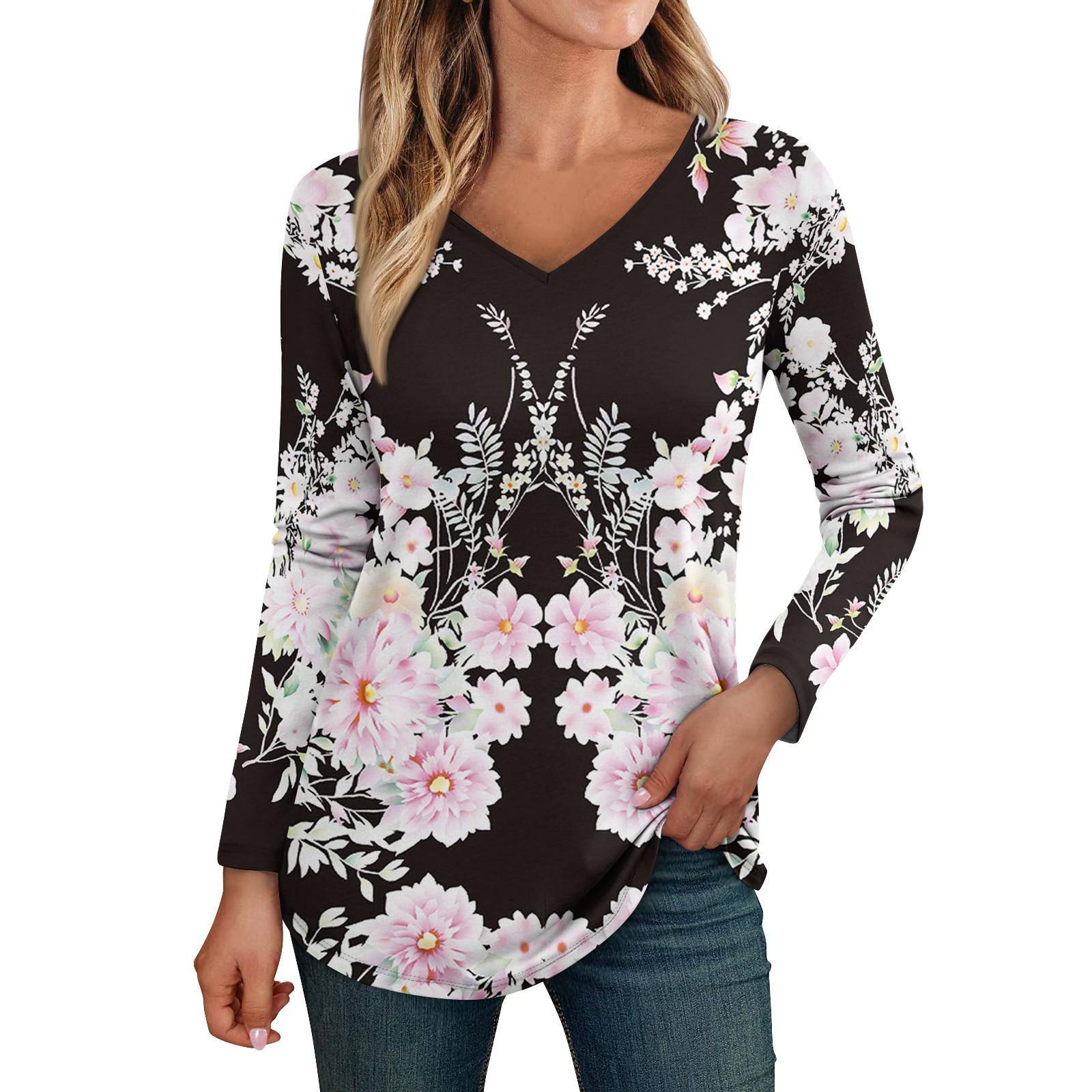 

Женские топы с длинными рукавами, рубашки с v-образным вырезом, повседневные модные футболки с цветочным принтом, блузки, осенние наряды-туники, приталенные футболки M светло-розовый