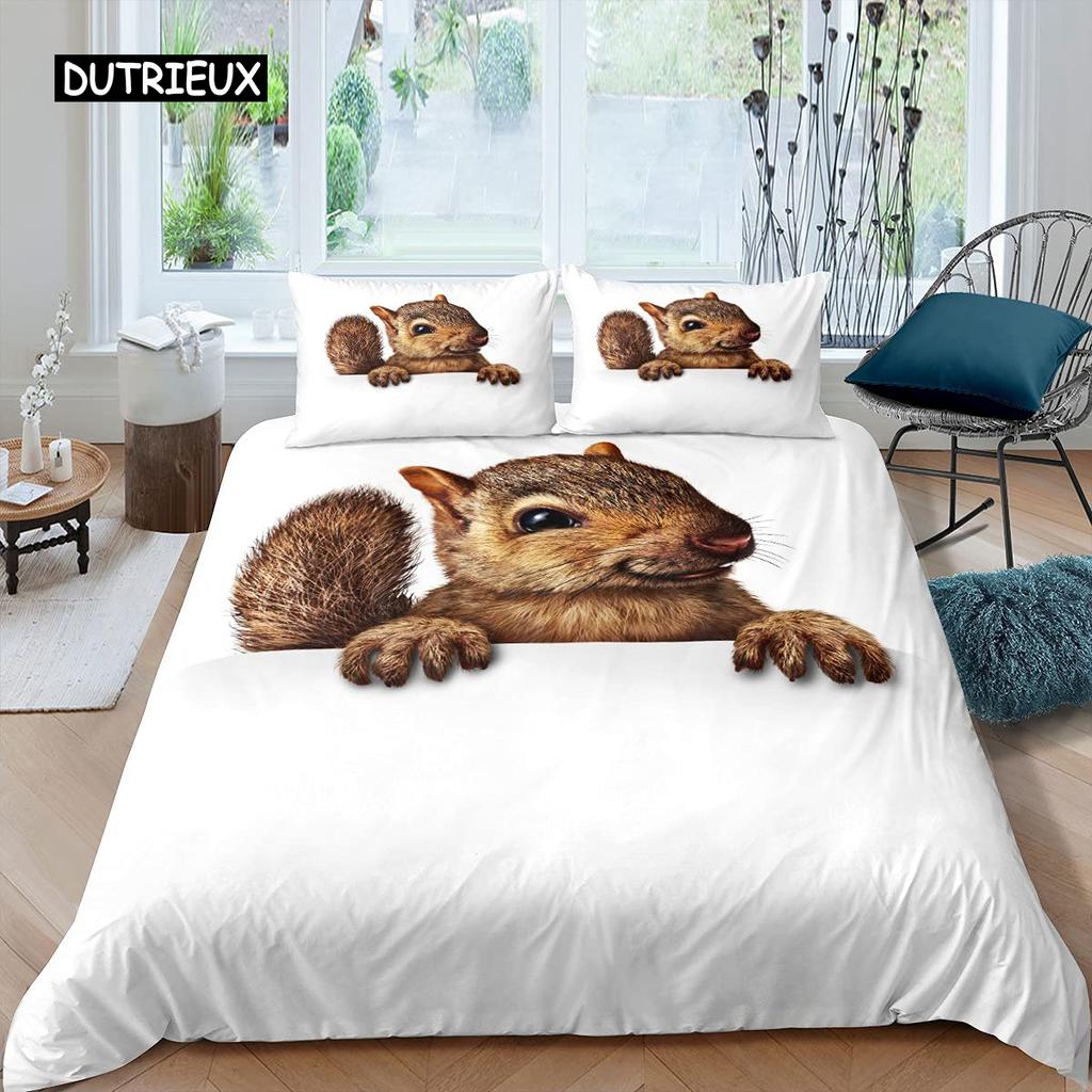 Eichhörnchen-Bettbezug-Set, süßes Eichhörnchen-Bettwäsche-Set für Einzelbetten, 3D-Tier-Bettbezug, Naturthema, Kingsize-Bettbezug aus Polyester