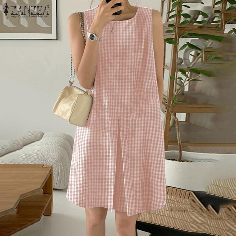 ZANZEA Women Casual Round Neck Grid Print Sleeveless Dress