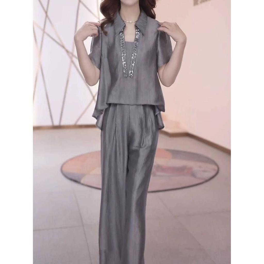 Summer Fashionable Shirt, Short-sleeved Suit, Elegant Top, Age-reducing Commuting Two-piece Set, Gray