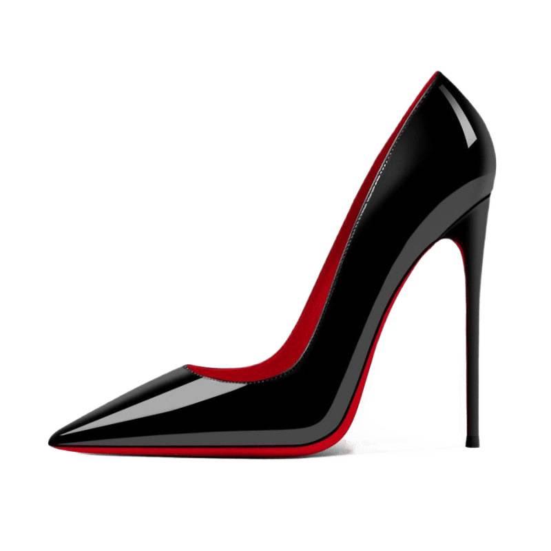 Women's Black Patent Leather Stiletto Heels with Side Cut and Red Bottom - Spring Collection