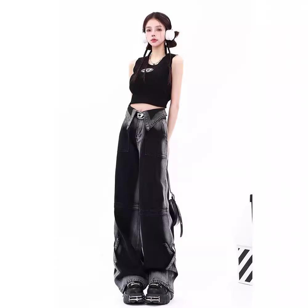 

2024 American High Street Heavyweight Wide-Leg Jeans: High-End Stitching with a Loose Drape Fit L чорний