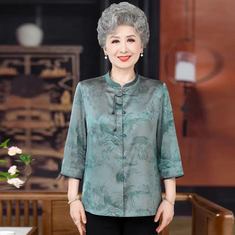 

Chinese Style Summer Tang Suit Shirt for Elderly Women - Seven-Sleeve, Stand Collar 3XL