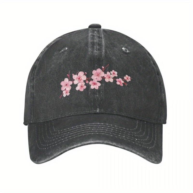 Cherry Blossom Pink Floral Print Washed Denim Baseball Cap Casual Adjustable Unisex Cotton Hat