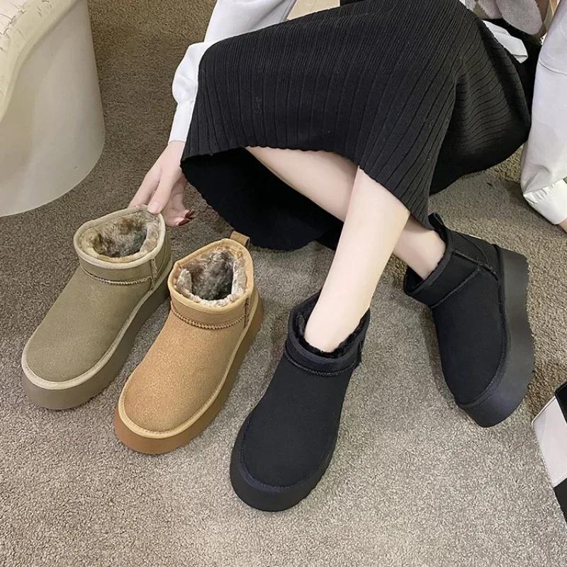 New Winter Women Short Plush Warm Snow Boots Casual Shoes Suede Fur Chelsea Ankle Boots Flats Platform Ladies Shoes Botas