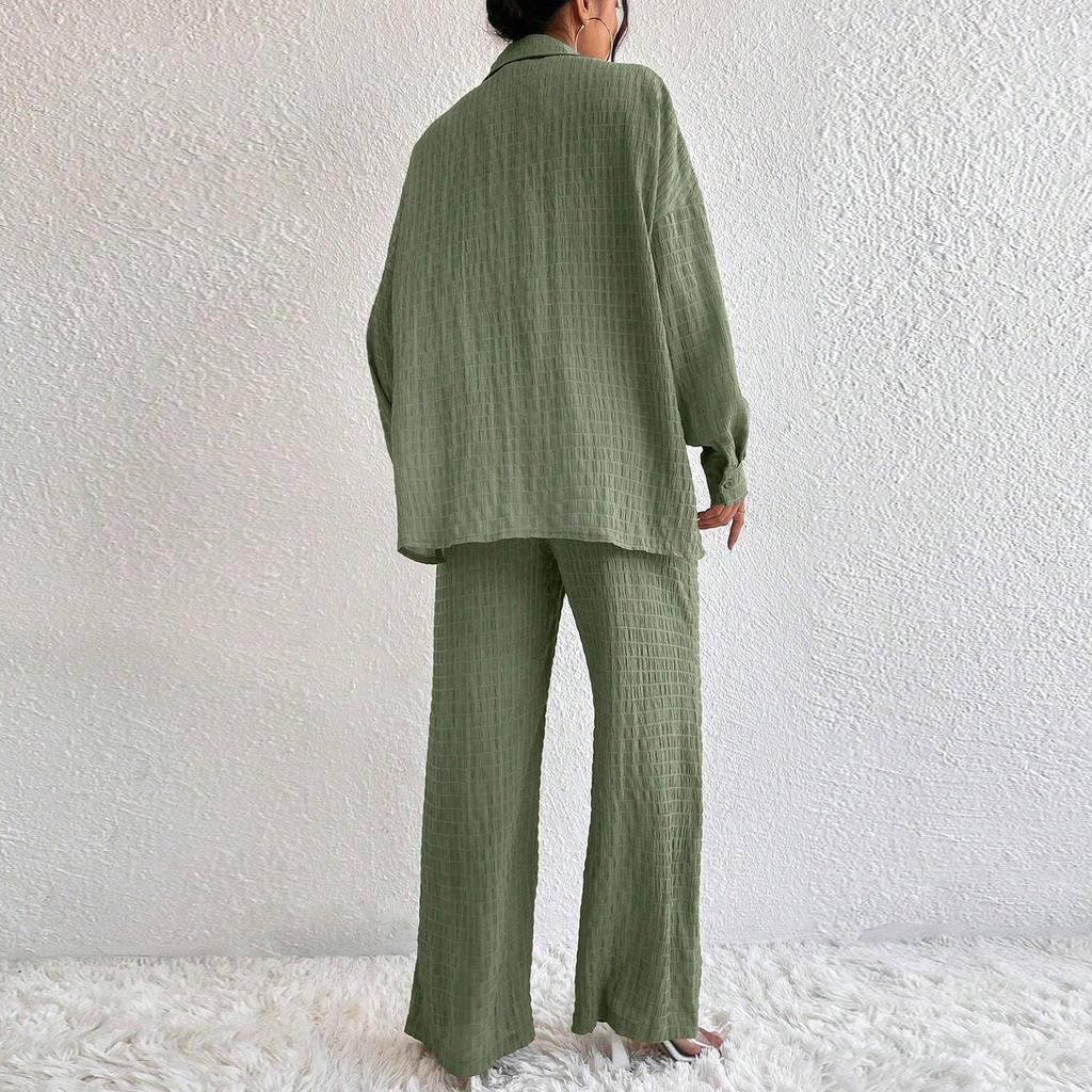 Women's Fashion Solid Color Collar Button Long Sleeve Top Elastic Waist Straight Pants Casual Set