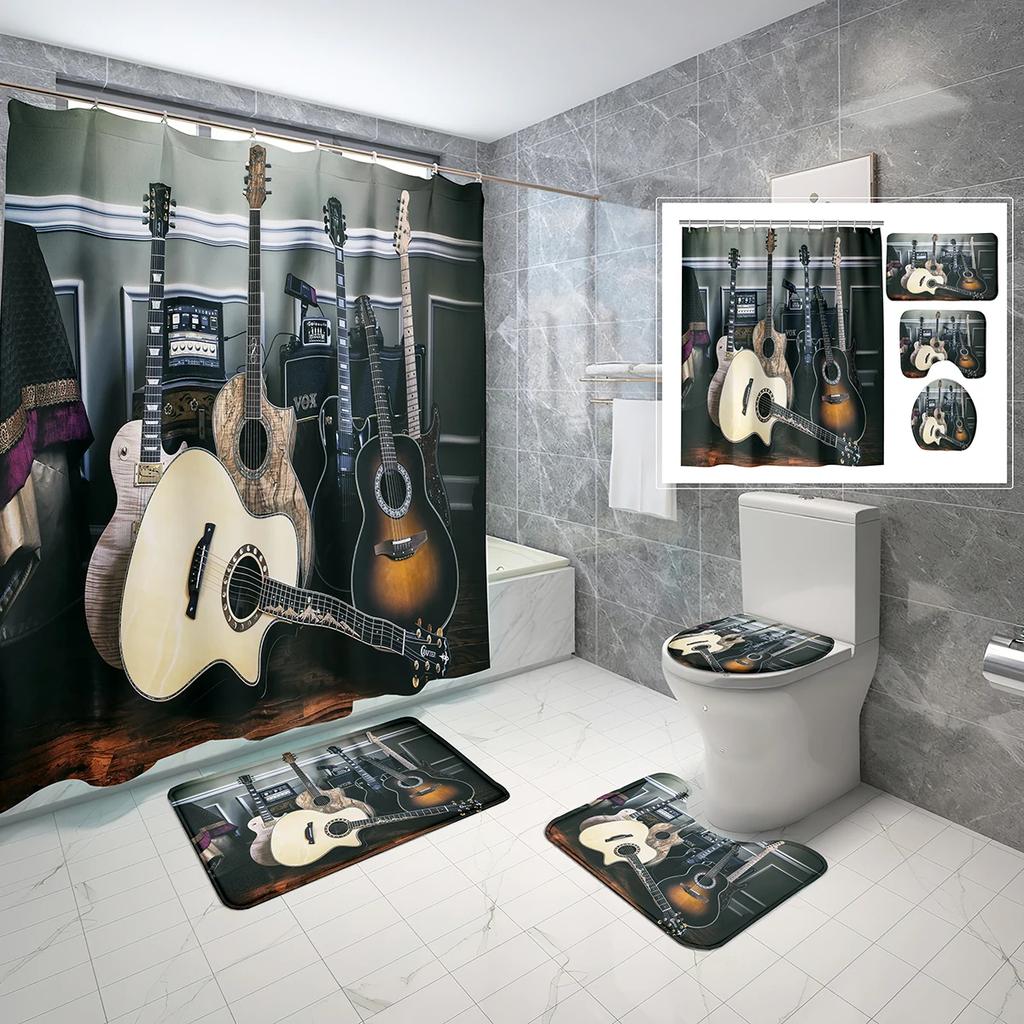 4Pcs Fire Burning Electric Guitar Shower Curtain Sets, Stone Wall Modern Bathroom Sets Waterproof,Non-Slip Bath Rugs Toilet Mat