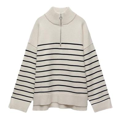 Women Sweater Fashion Stripe Loose Zipper Knitting Sweaters Vintage Long Sleeve Asymmetry Female Pullover Tops