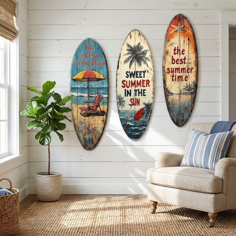 Summer Wooden Surfboards Wall Decor Beach Themed Colorful Surfboard Wall Hanging Nautical Decorative Surfboard Sign Ornament