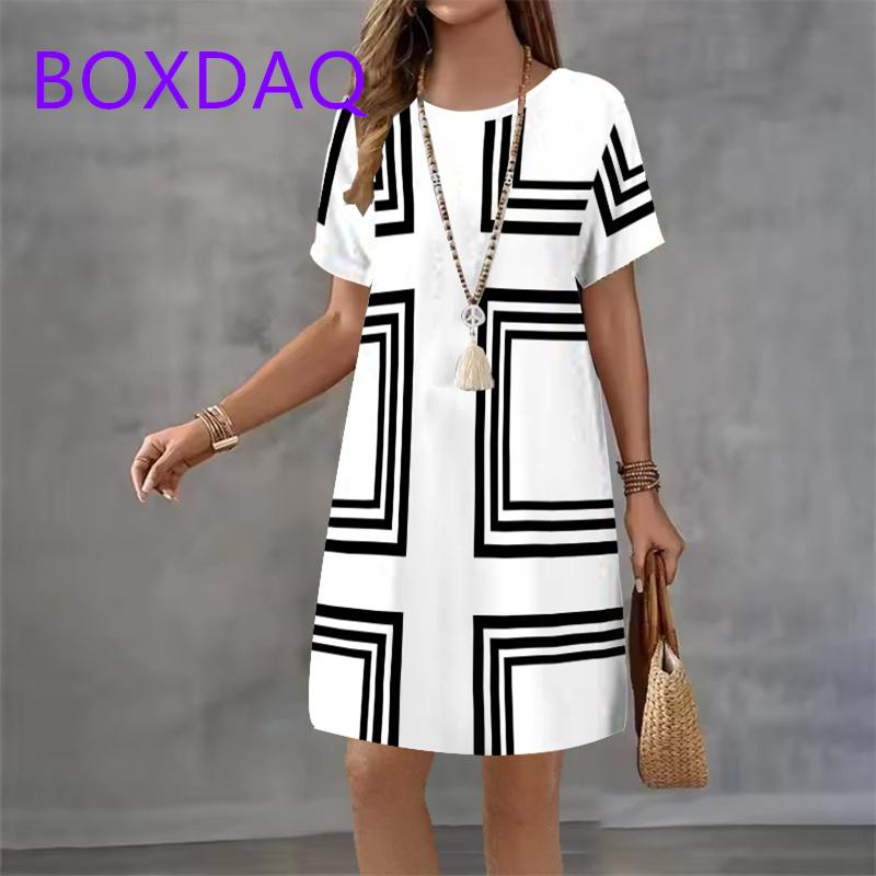 Striped Printed Women s Dress Loose Crew Neck Comfortable Casual Dresses 4XL