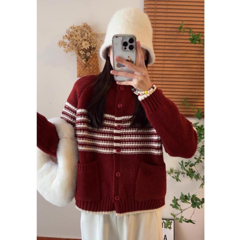 

Ленивый ветер контрастные цвета полосатый свободный свитер с длинным рукавом куртка женский осенний уменьшающий возраст универсальный вязаный топ кардиган one size fits all красный