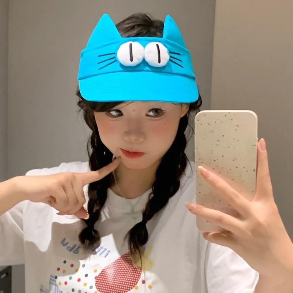 Quick-drying Fabric Big Eyes Cat Visor Cap Sun Protection Cat Ears Sun Hat Kitty Hollow Hat  Girls