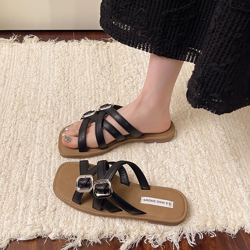 Mode Platta Sandaler Sommar Nya Fyrkantig Tå Öppen Tå Metallspänne Tunn med Mjuk Sula Halkfria Slitstarka Tofflor