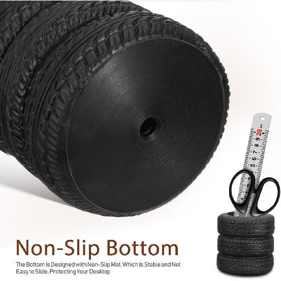 Tire Shaped Pen Holder, Creative Desk Organizer for Office and School, Black Plastic Pencil Holder with Non-Slip Base, Fun Car Tire Design for