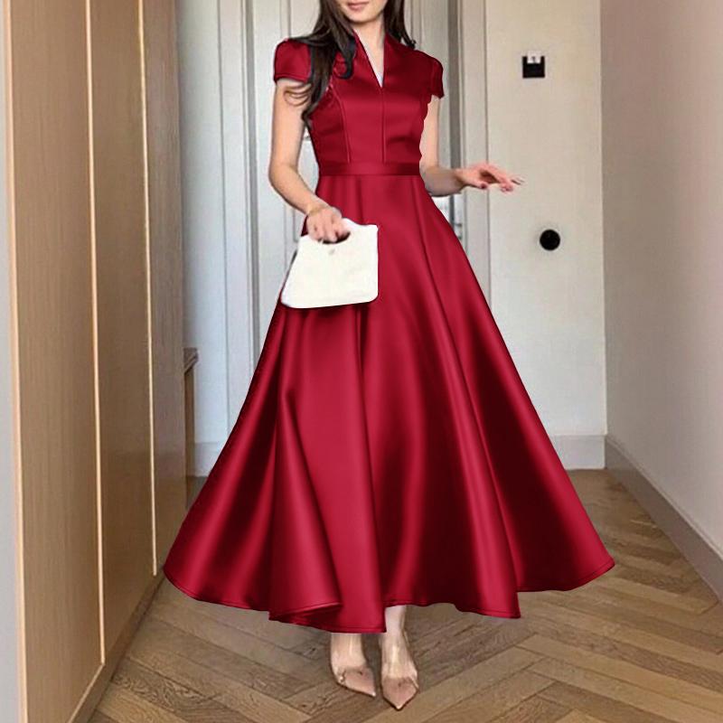 ZANZEA Women Elegant V-Neck Casual Short Sleeve Satin Dress