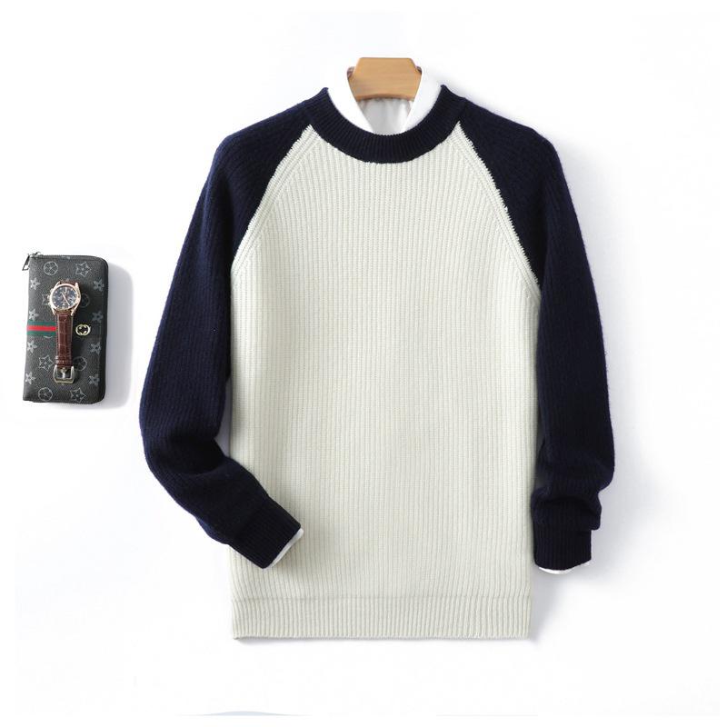 

Men s Wool Color Block Crewneck Sweater - Thick, Loose, Casual, and Business Cashmere Knit Base Layer for Autumn & Winter. L білий