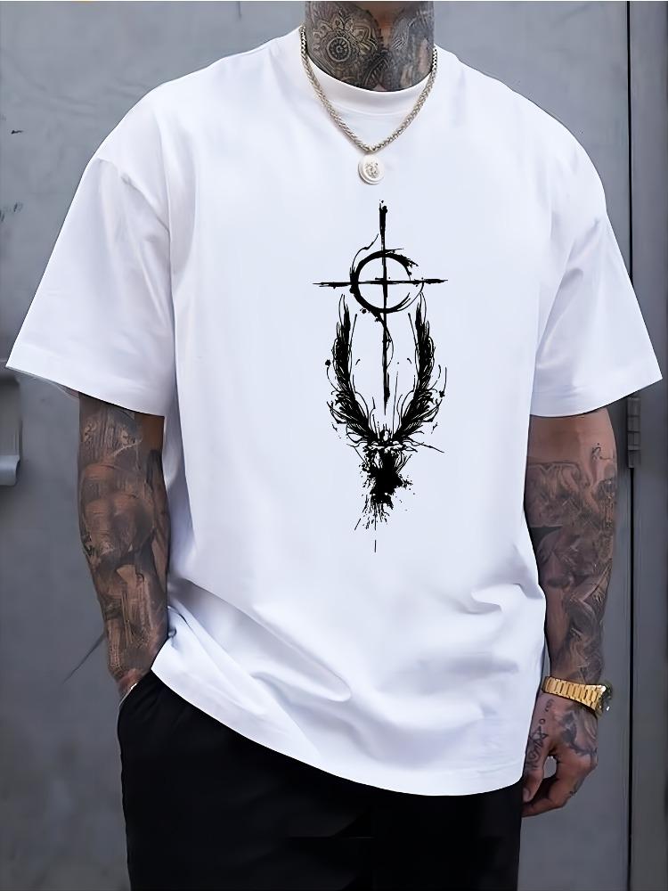 Unisex Summer Cotton Short Sleeve T Shirt Ink Splatter Cross Wing Target Print Crew Neck Abstract Street Casual Male Tee