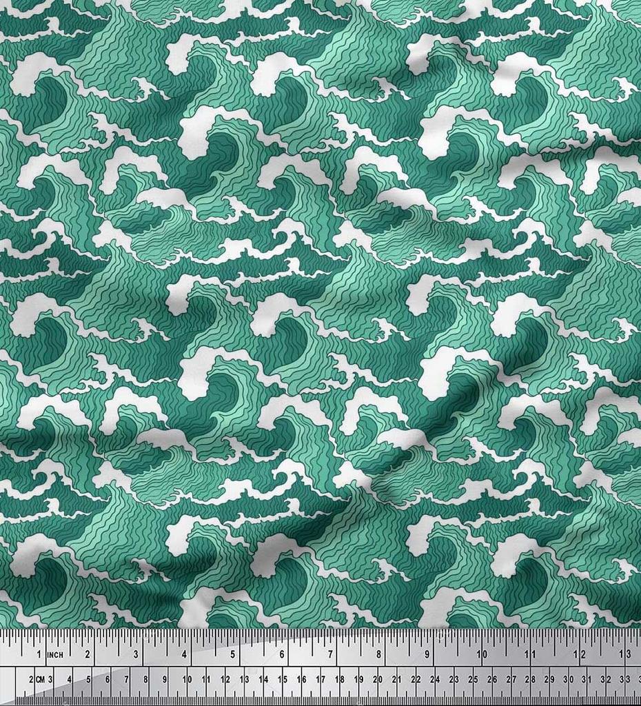 Soimoi Japan Crepe Satin Fabric Waves Shirting Decor Fabric Printed Metre 42 Inch