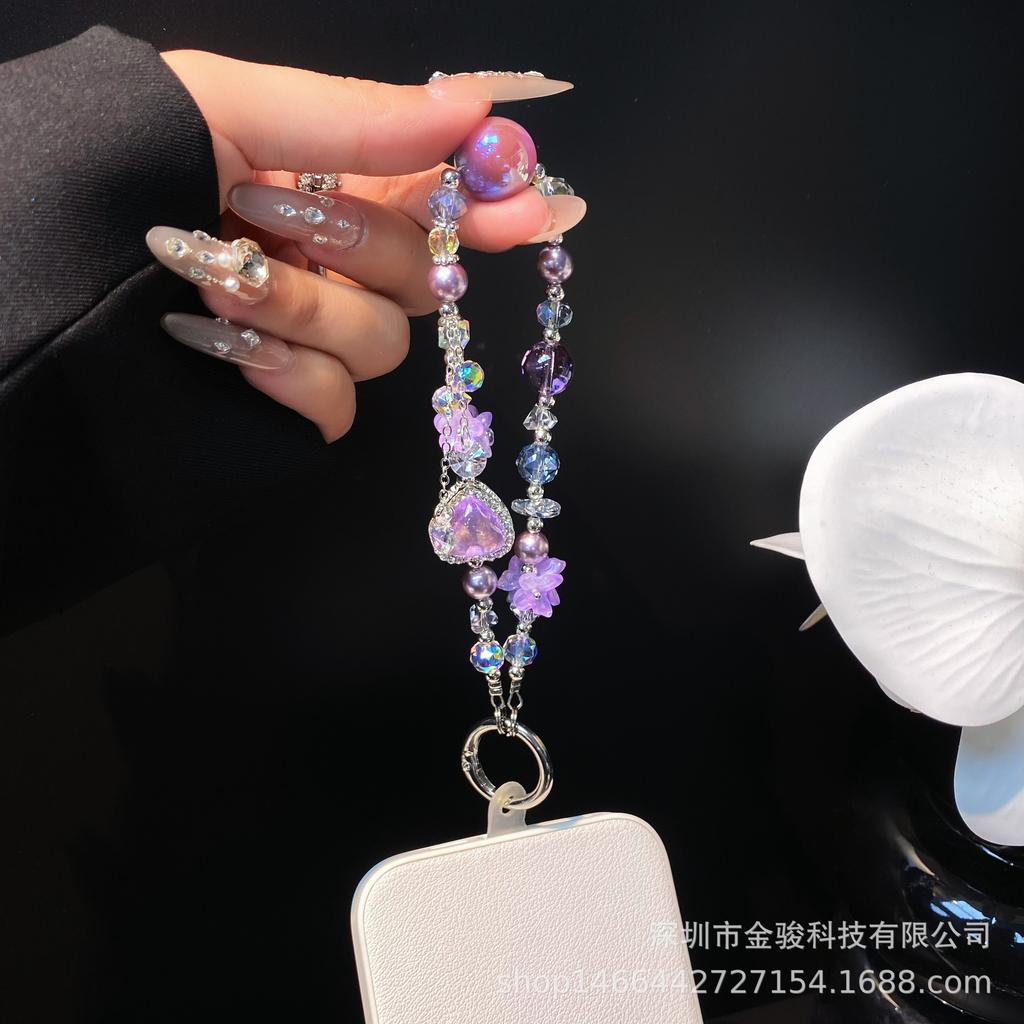 Phone Chain with Rhinestones, Colorful Heart Phone Chain Strap, Wrist Strap, Handmade Crystal Beaded DIY Flower Chain