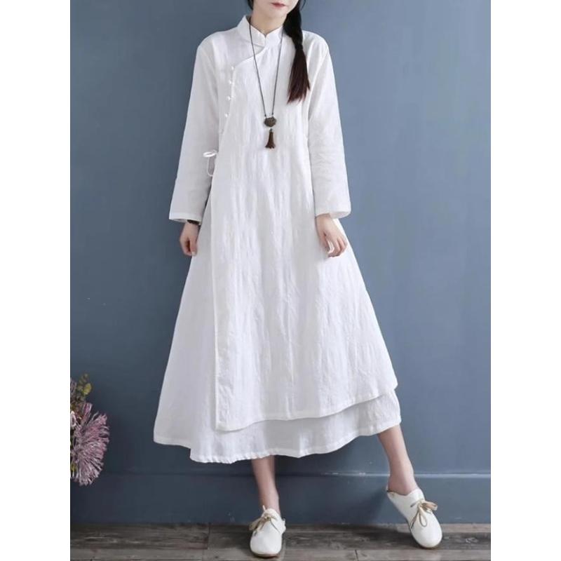 Improved Mandarin Collar Cotton-Linen Dress, Spring Autumn Double-Layer Zen Tea Wear, Artistic Retro Women's Clothing