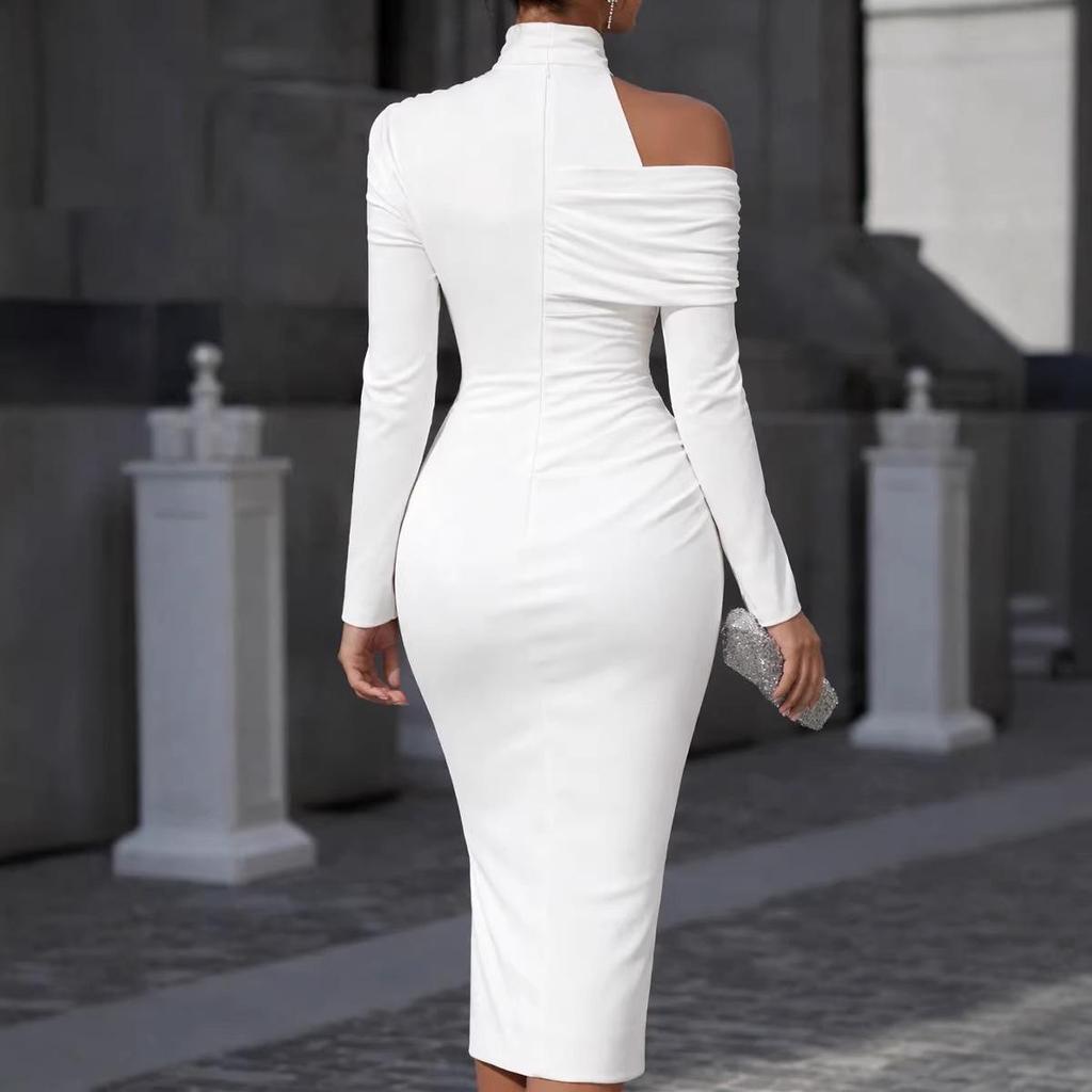 2026 Spring Women's Pleated High Neck Irregular Long Sleeve Dress