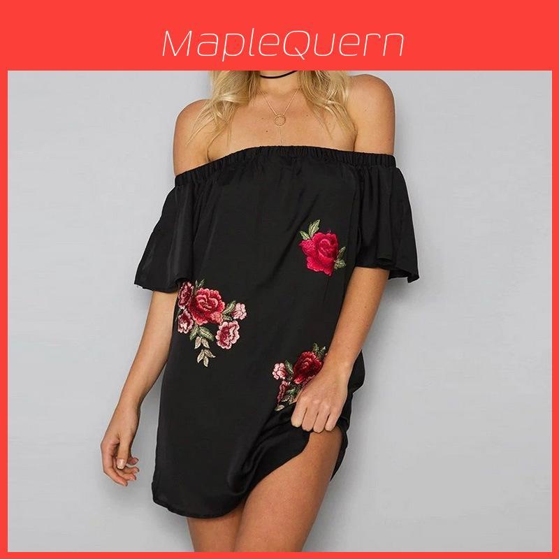 Elegant Floral Embroidered Off Shoulder Dress With Stylish One Shoulder Design