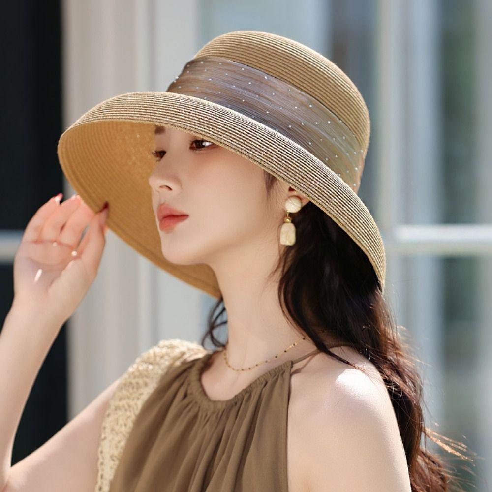 Fashion Boho Lafite Straw Hat Dome Wide Brim Women's Sun Hats Visor Polka Dot Beach Hat Outdoor