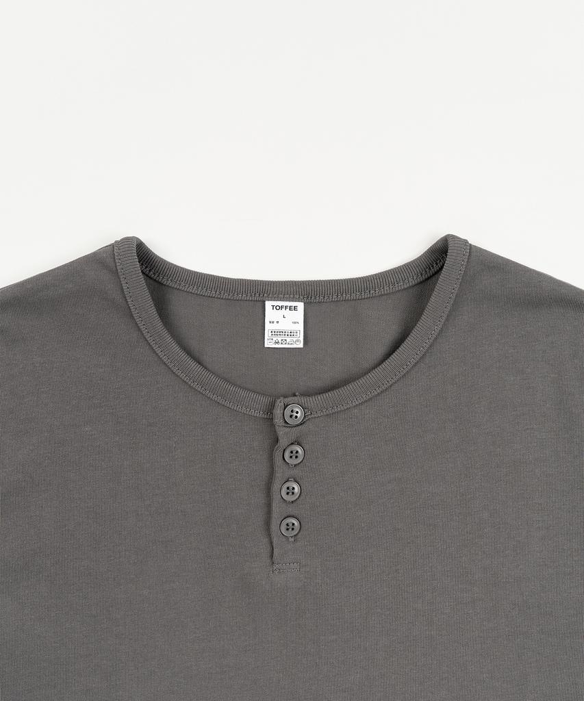TOFFEE [S-Xxl] Slim Crop Henley Neck Half T-Shirt (Charcoal)