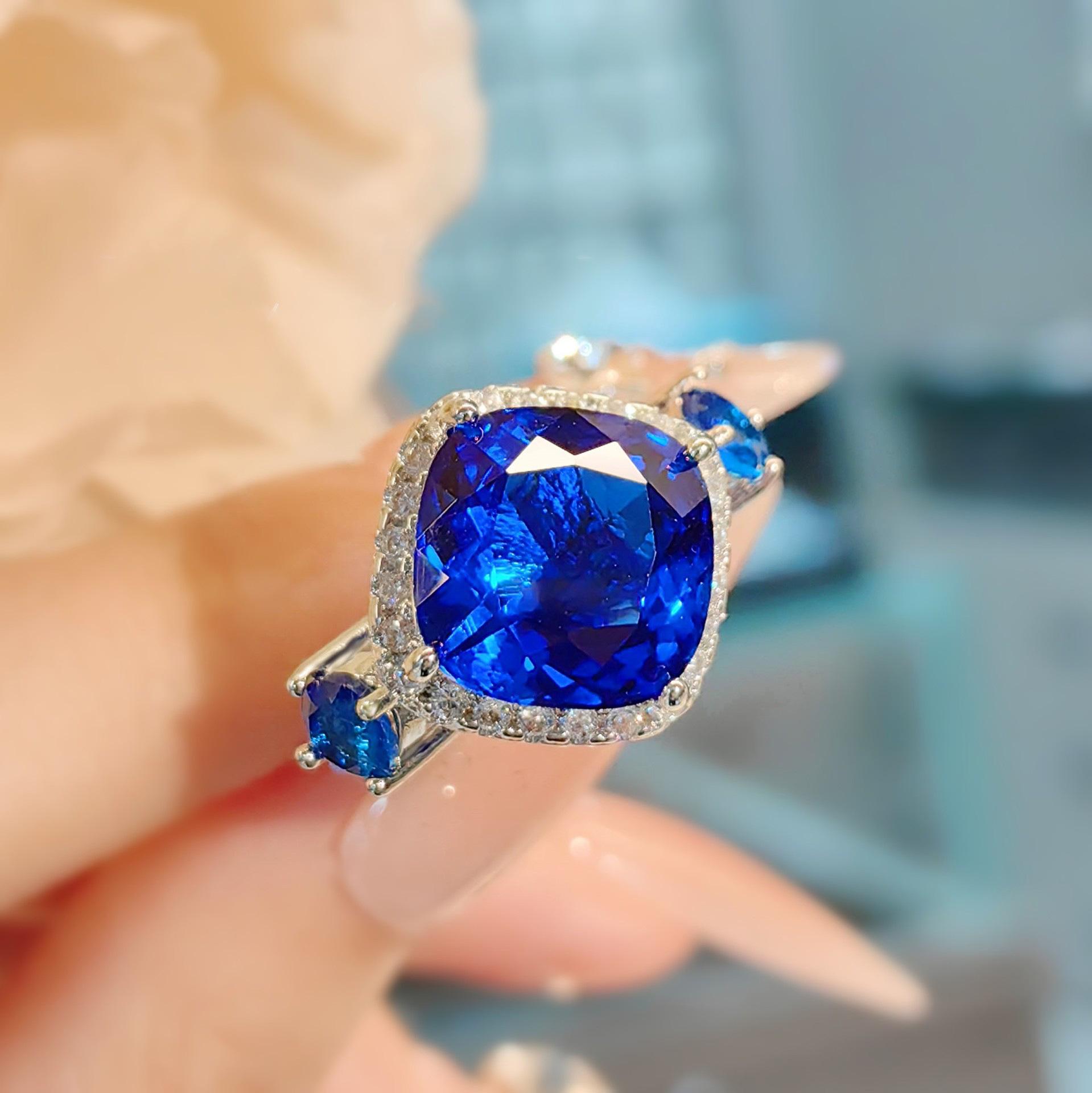 

Paraiba Bird S Nest Fat Square Green Treasure Ring Set Light Luxury Simulation Royal Sapphire Pendant