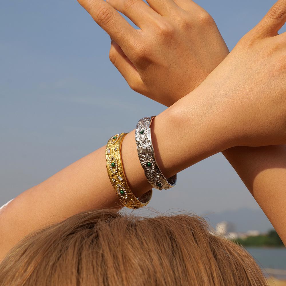 INS Style 18K Gold Titanium Steel Malachite Devil Eye Open Bracelet