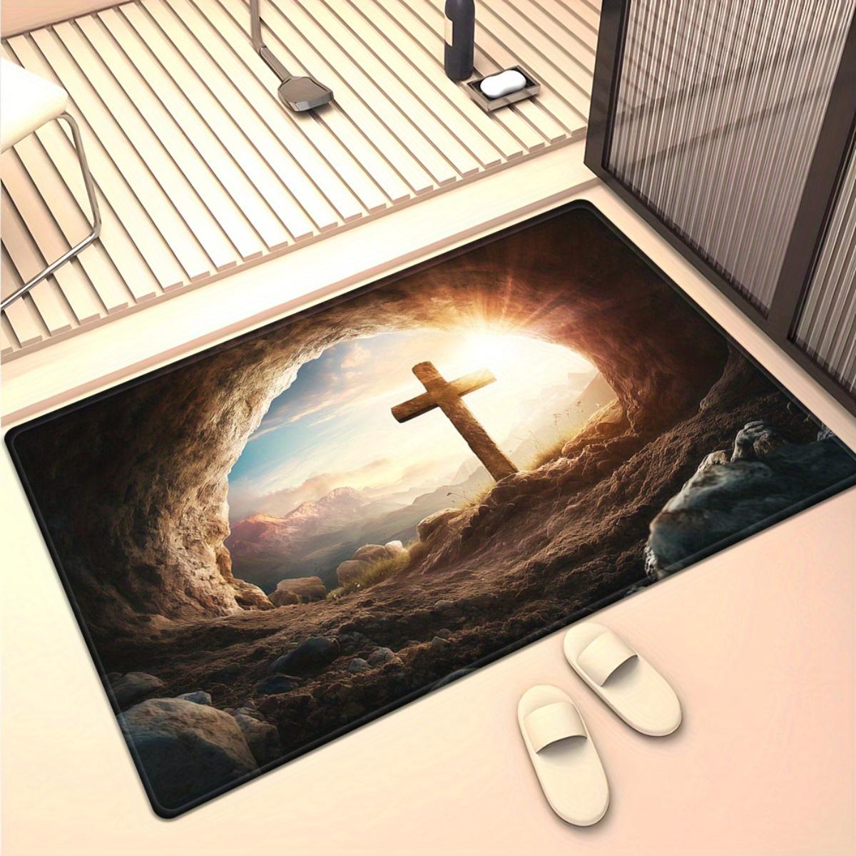 

Religious cross cave rug spiritual Christian art living room carpet inspirational sunrise scene soft plush floor mat 60x90cm