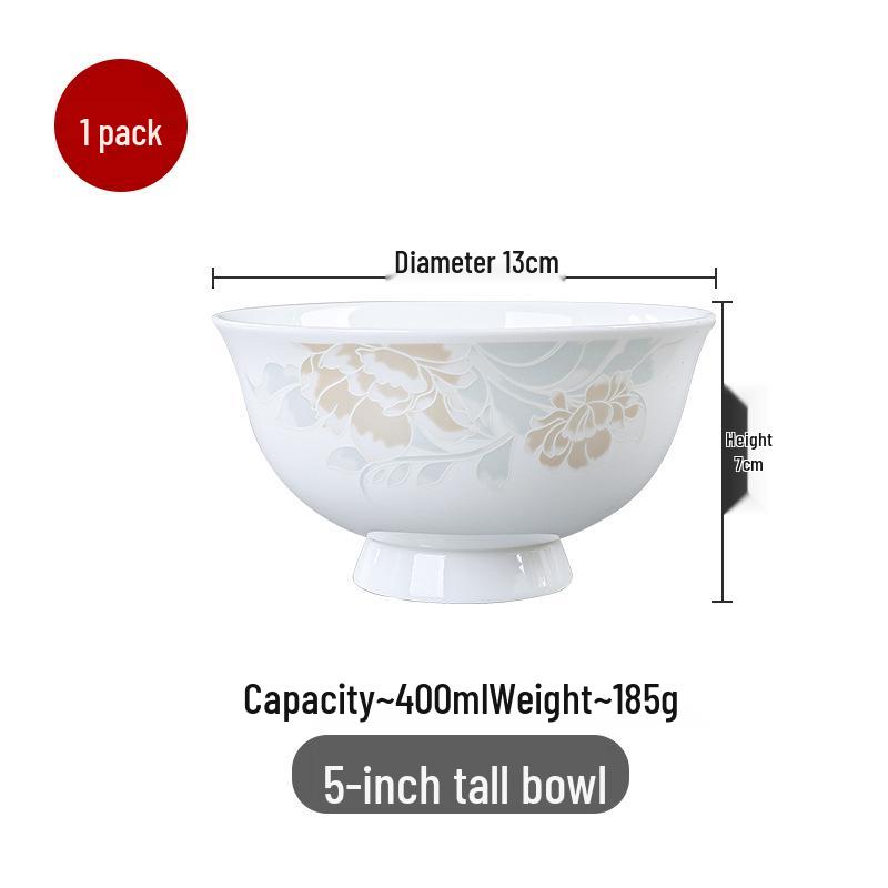 Chinese-Style Ceramic Bone China Bowl Set: Large Soup & Noodle, Rice Bowls, Plates, and Hat Bowl.