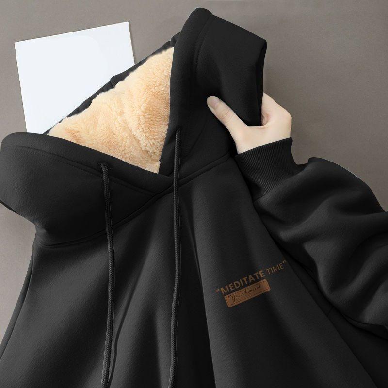 

Парный осенне-зимний худи-пуловер, свитер, флисовая подкладка, теплоизоляция, однотонный, шнурок и эластичные манжеты, для женщин, осенне-зимний топ XL