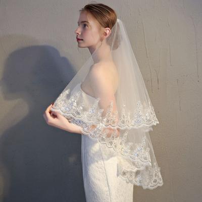Women Double Layer Lace Bridal Veil with Anti-slip Comb Sequins Edge Tulle Veil Bride Hair Accessories