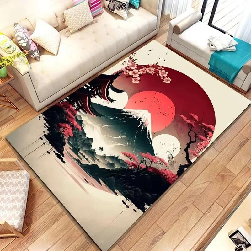Japanese Landscape Print Rug with Cherry Blossom & Fuji Mountain for Bedroom and Sofa Entryway Decor