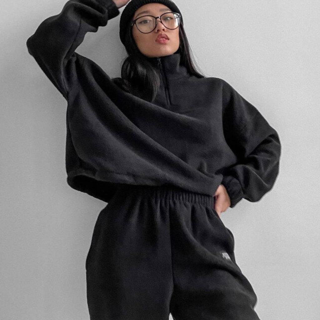 Women Fleece Loose Long Sleeve Sweatshirt Trousers Two Pieces Set Winter Fashion Warm