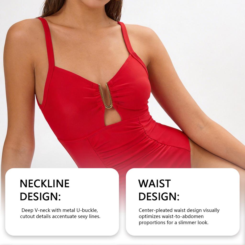 Zeriluna Deep V Metal buckle one-piece swimsuit Soft, silky, skin-friendly, breathable, and stylish swimsuit