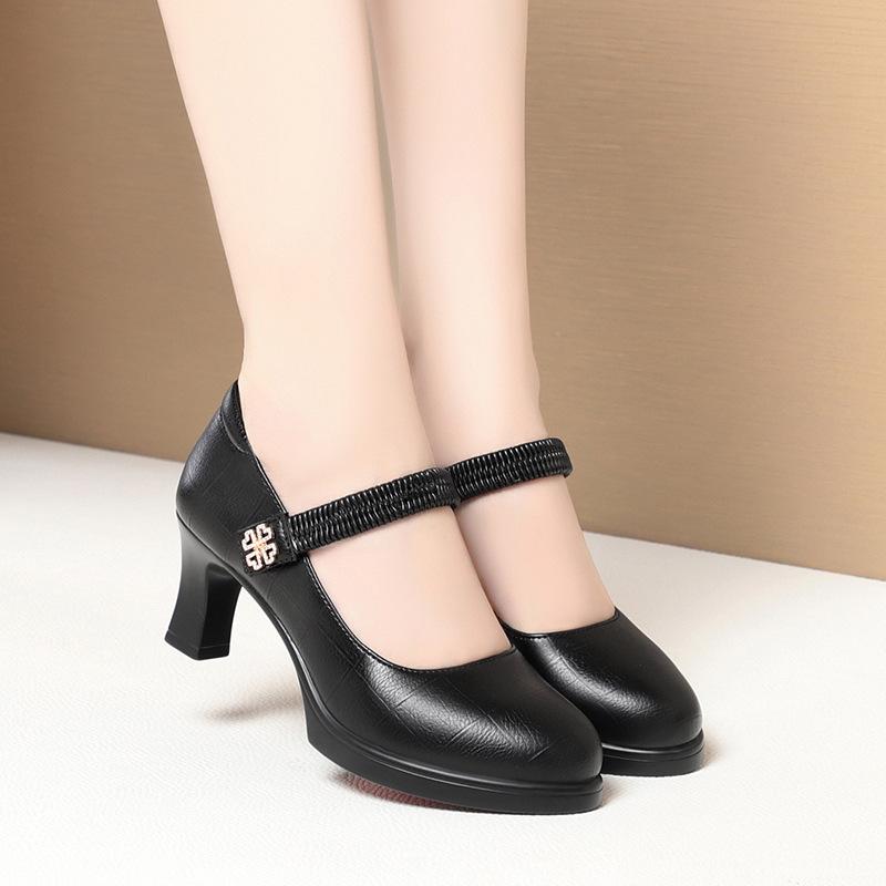 Cheongsam show high heels black model catwalk show thick heel waterproof table one-word buckle shallow mouth women's shoes