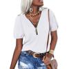 Women's Casual Fashion Zipper V-neck Solid Color Short Sleeve Top