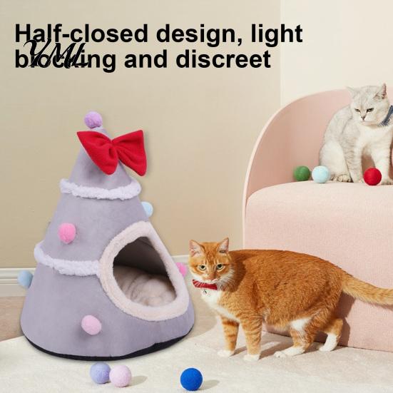 Warm Sleeping Bed for Cats Christmas Tree Cat Bed, Plush Cave with Removable Cushion, Non-slip Cute Pet Bottom, Cozy House Indoor Kittens Winter