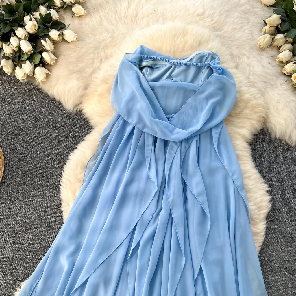 Summer Women Sexy Strapless Open Back Long Maxi Ruffles Chiffon Irregularly Seaside Beach Dresses